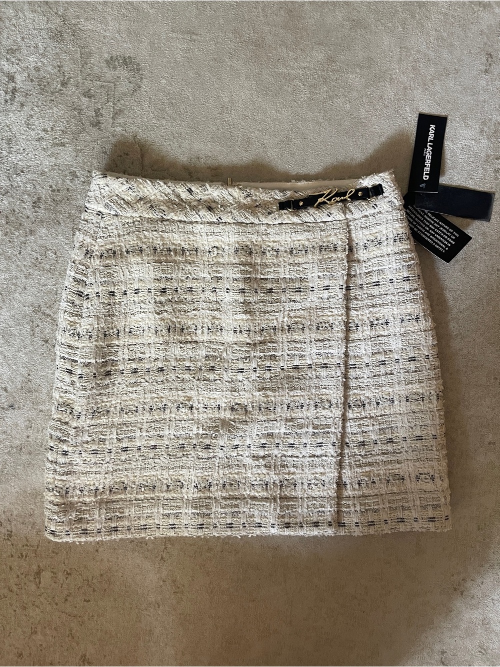 Karl Lagerfeld Cream and Black Tweed Mini Skirt Faux Wrap